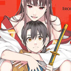 Das Bild zeigt eine junge Frau im Kimono, die einen jungen Mann mit Schwertern beschützt. 