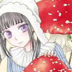 Das Bild zeigt eine junge Frau oder ein junges Mädchen in klassischer Kleidung, umgeben von Fliegenpilzen.