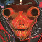 Das Bild zeigt ein Horrorcover mit einer nicht beschreibbaren Figur, die Messer in der Hand hält und eine Uniform trägt. 