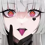 Das Bild zeigt ein weißhaariges Mädchen mit feuerroten Augen, das ihre Zunge herausstreckt.