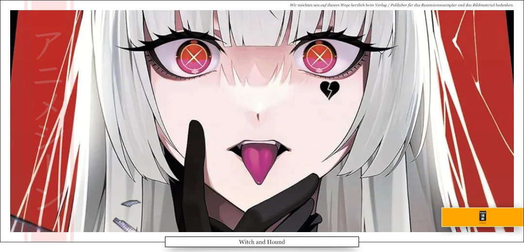 Das Bild zeigt ein weißhaariges Mädchen mit feuerroten Augen, das ihre Zunge herausstreckt.