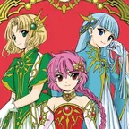 Das Cover ist rot und zeigt drei weibliche Charaktere in Fantasy-Kostümen.