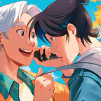 An einem sonnigen Tag stehen zwei junge Männer nebeneinander, einer von ihnen telefoniert. 