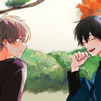 Zwei junge Männer sitzen im Park und unterhalten sich. 